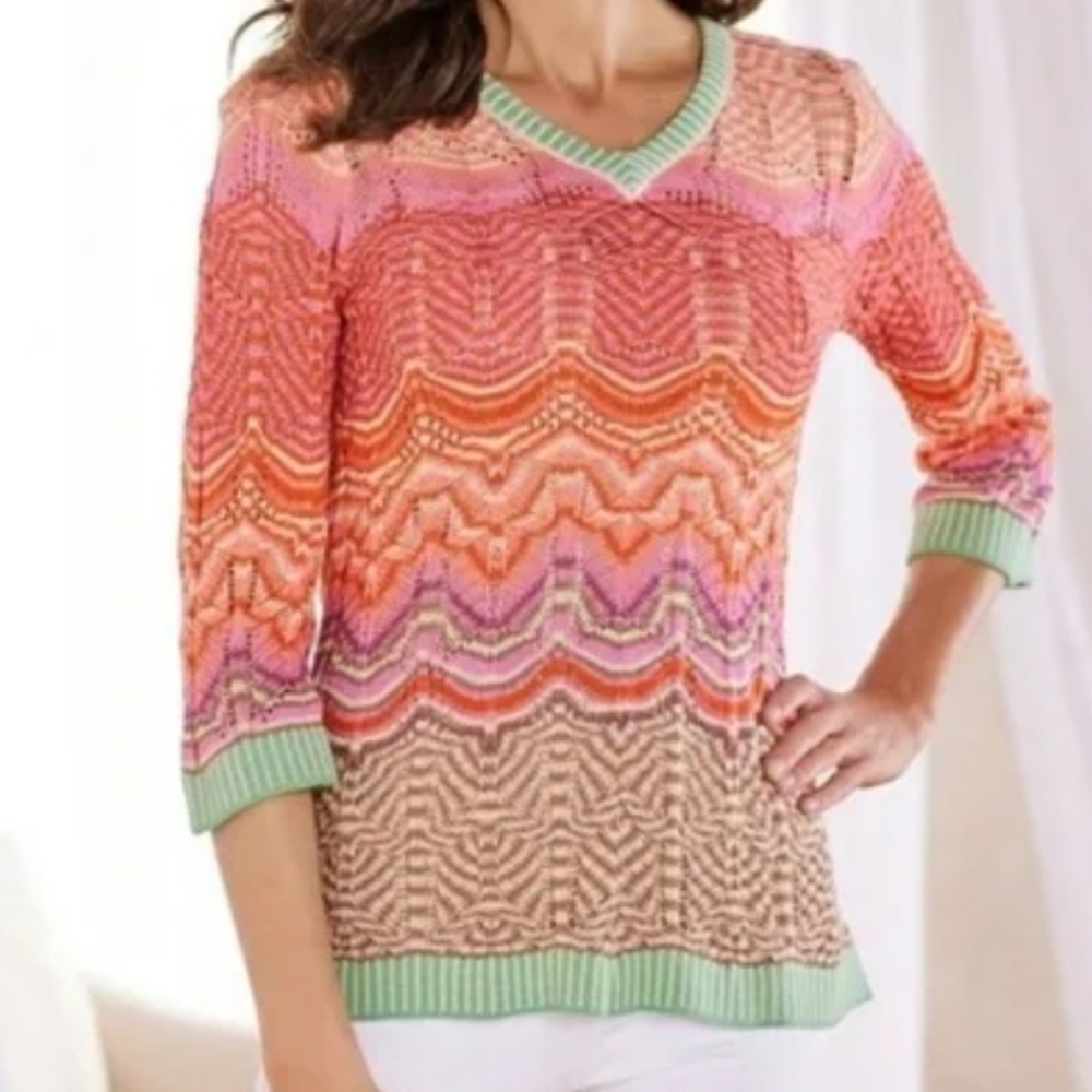 Soft Surroundings Open Weave Sweater Stripes V-Neck XL